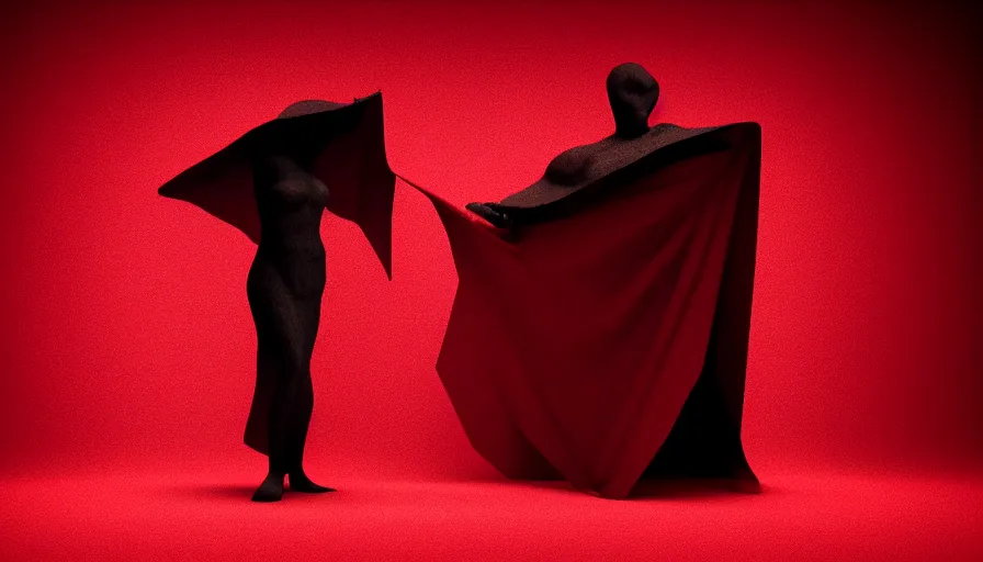 Image similar to enigmatic figure wrapped in red sheet in darkness, high contrast, hard light, digital art, rendering, cloth simulation, redshift