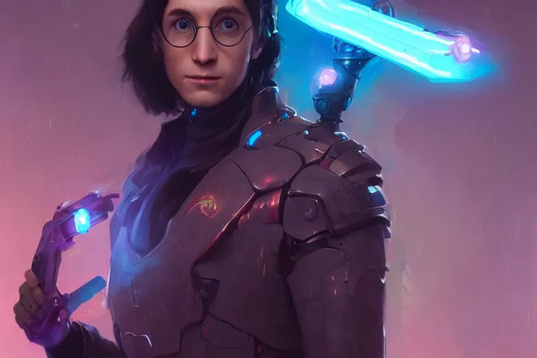 Image similar to portrait of cyborg Harry Potter in cyberpunk, neon lighting, digital art from artstation by Ruan Jia and Mandy Jurgens and Artgerm and william-adolphe bouguereau and Greg Rutkowski and Wayne Barlowe