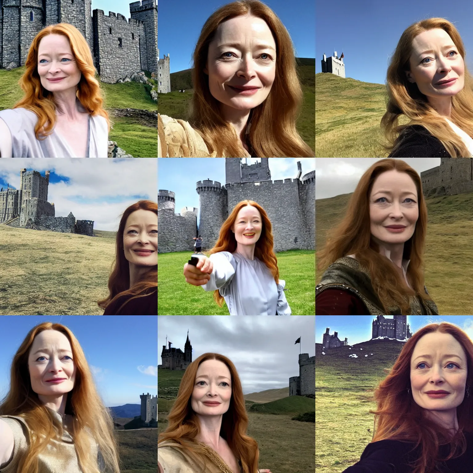 Prompt: miranda otto as eowyn, posing for a selfie in front of a castle on a mountain