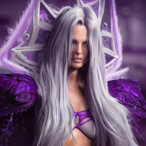 Image similar to “ purple warlock, victoria's secret model white hair, full body, highly detailed, photo realistic, dark fantasy atmosphere, froggy, 8 k, octane render, unreal engine ”