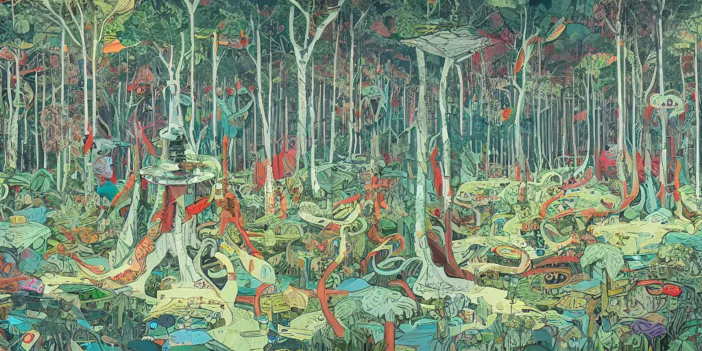 Prompt: painted forest landscape in the year 2020 with a single small brutalism monument in the center by james jean