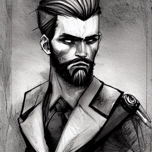Image similar to very attractive man with beard, body full, strong masculine features, 3/4 front view, slim, short hair, 35 years old, epic character design, defensive pose, sophisticated clothing with some steampunk elements, command presence, royalty, weathered face, smooth, sharp focus, organic, appealing, book cover, deep shadows, by Dave McKean sketch lineart for character design