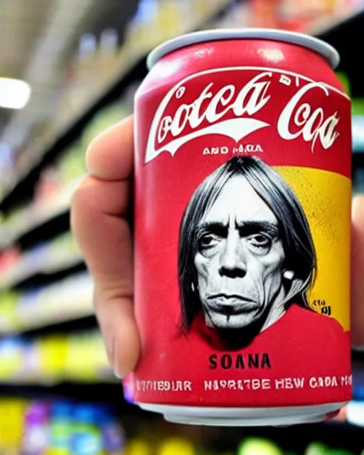 Image similar to a hand holding a soda can with iggy pop's face on the label, inside a supermarket