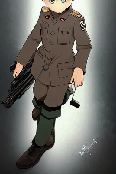 Image similar to beautiful little boy in nazi male uniform posing with an gun. made in abyss art style, sharps focus, cute detailed artwork, anatomically correct, ilya kuvshinov, reflection, perfect composition, wallpaper mobile, digital art, detailed anime soft face, symmetrical face, western comic, illustration, realistic, smooth, lois van baarle, soft details, illumination