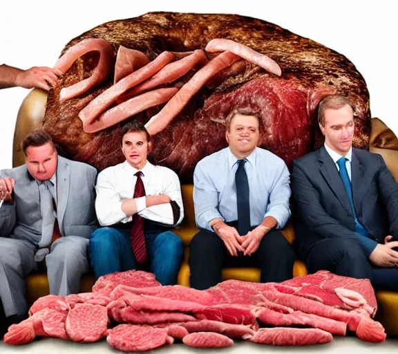 Image similar to realistic photograph of couch made out of meat, business men sitting on couch of meat and talking,