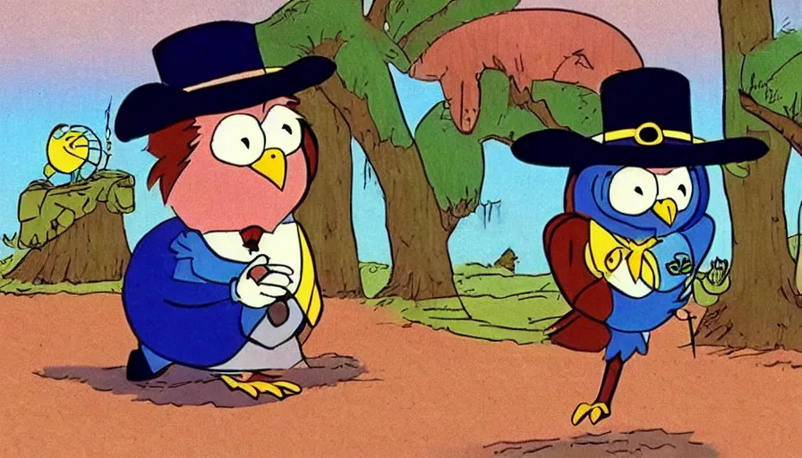 Image similar to 1990s cartoon show screenshot from the animated show an Owl dressed up as the lone ranger in the wild west