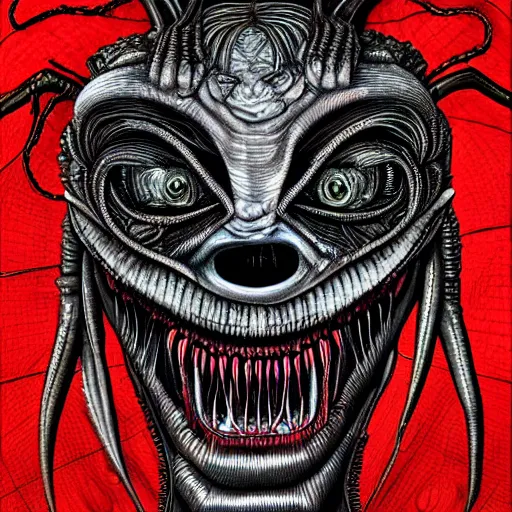 Image similar to alien trump, sharpt teeth, by h. r. giger, nightmare fuel, nightmarish, intricate, highly detailed, optical illusion, stranger things demogorgon