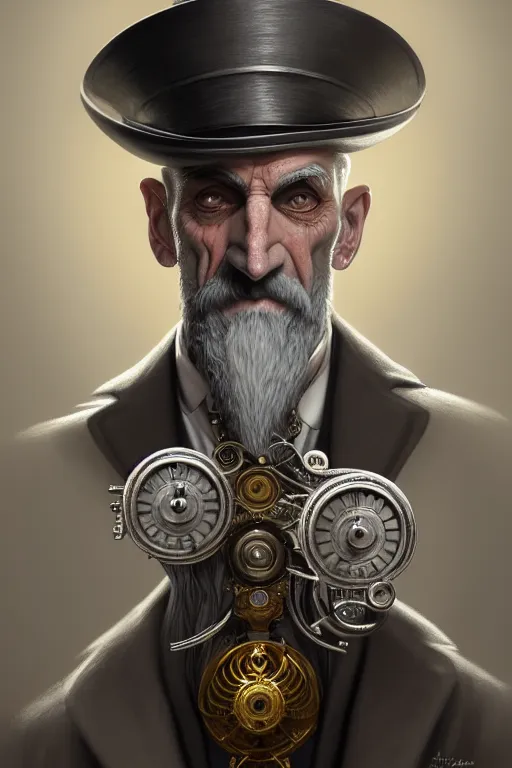 Image similar to silver monocle, portrait of a middle aged grey haired man with a top hat in the style of god of war, golden machine parts, intricate, elegant, highly detailed, digital painting, artstation, concept art, smooth, sharp focus, illustration, art by artgerm and greg rutkowski and alphonse mucha, 8 k