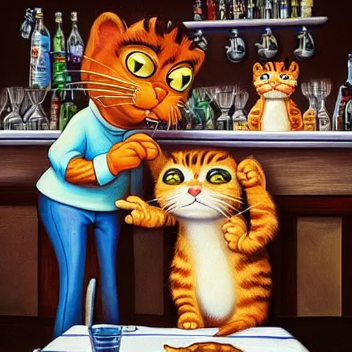 Prompt: “Garfield the cat and Elvis Presley sitting at the bar, realistic, hiperrealist, photorealist, intricate, sharp focus, cinematic lights, Artstation HQ, Deviantart trending, 4K UHD, masterpiece”