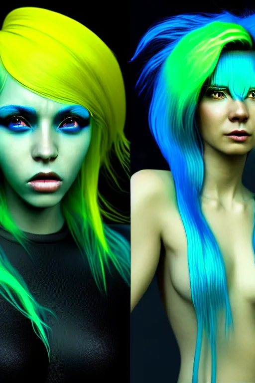 Image similar to 3 gorgeous young females with perfect skin made from smooth black silk, glowing neon energized blue hair, green hair, and yellow hair, conceptual character design, unreal engine 5, hyper - realistic, full body shot, wide angle, sharp focus, 8 k high definition, award - winning cgi realism, by kilian eng artstation