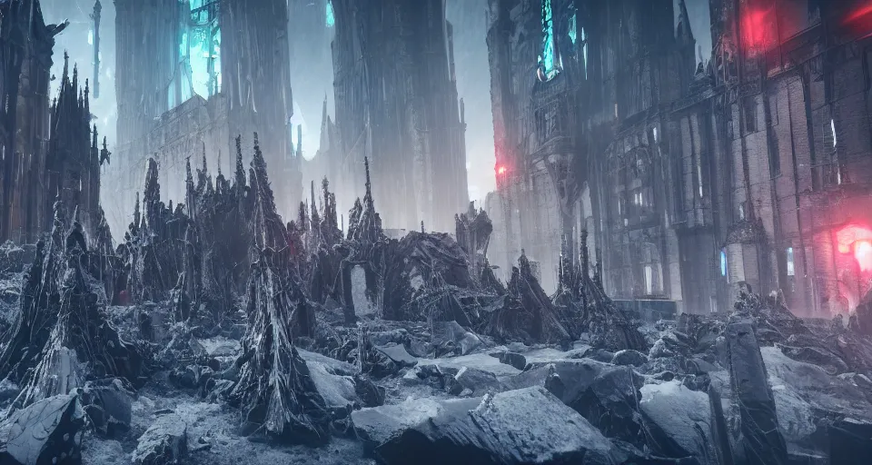 Prompt: giant thick ice spikes grow angular out of the ground in a gothic medieval cyberpunk city, debris flying around, the feeling of grimdark terror and pain, high quality, detailed, 8 k, unreal engine, octane render, trending on artstation