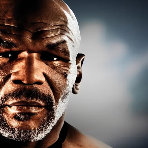 Image similar to a still of mike tyson, cinematic, 4 k, god rays through fog