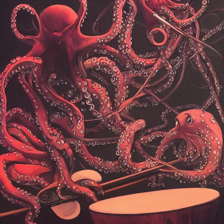 Image similar to a beautiful painting by gerald brom of a couple of octopus playing drums and telecaster guitar in an electronic concert, black background, concert light, dark mood, warm lights