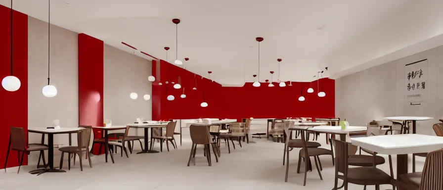 Image similar to a beautiful simple interior render of small roasted string hotpot restaurant restaurant yan'an, wall corner, from china, red paper wall and white tile floor, rectangle white porcelain table, fine simple delicate structure, chinese style, simple composition, simple style structure decoration design, victo ngai, 4 k hd