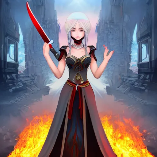 Image similar to a beautiful girl with a beautiful perfect symmetrical body, perfect symmetrical face, coherent symmetrical eyes in a torn dress holding a sword against the background of a burning city, fantasy style