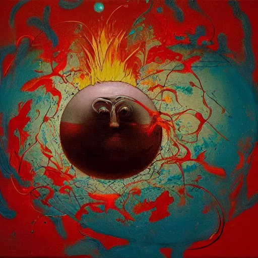 Prompt: a sphere being devoured by abstract splatters of paint in the style of francis bacon, venus being engulfed in flames in the style of james jean, pascal blanche, surreal, beksinski, high detailed