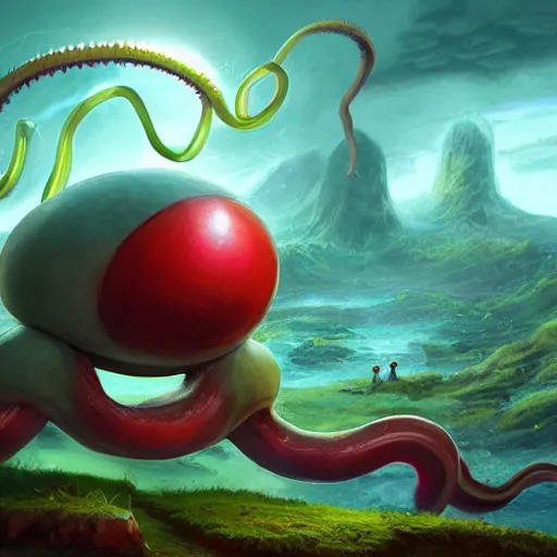 Prompt: a cute beautiful stone - type pokemon with beautiful happy smile, red tentacles bursting out of his hair, full body portrait, highly detailed digital art, 3 d perspective, award - winning illustration, aesthetic, smooth, pokemon style, made by greg rutkowski, with an alien landscape in the background