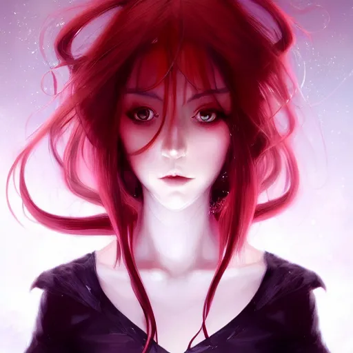 Image similar to facial portrait of a young pretty anime woman, long red hair, dark eyes, gothic eyeliner, character concept art, headshot, Charlie Bowater, Anna Dittmann, WLOP, Rumiko Takahashi, Akihiko Yoshida, Hyung-tae Kim, alexander mcqueen, trending on Artstation