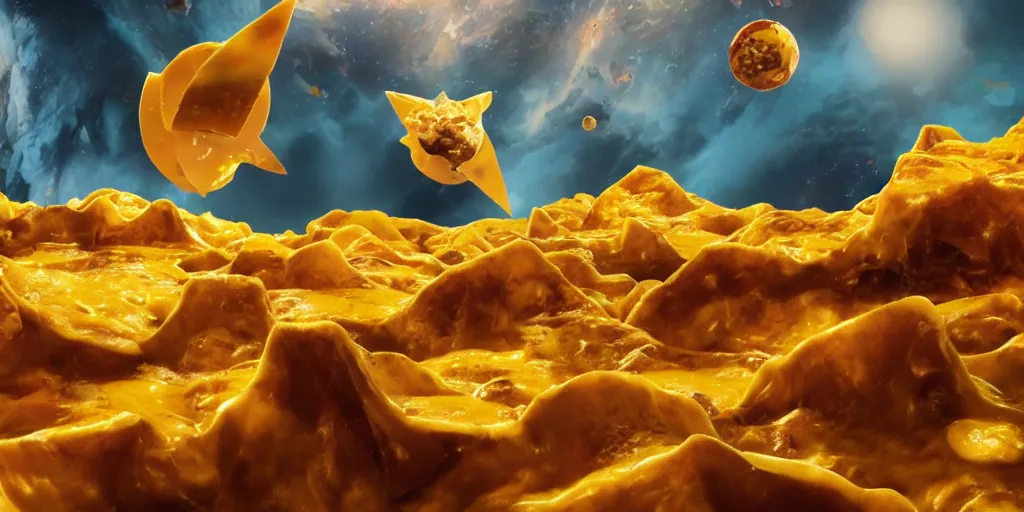 Image similar to cheese planet made of cheese interior, melted cheese waterfalls, living nachos flying though the sky, Greg Rutkowski, 3d scene, trending on Artstation, 8K, ultra wide angle, pincushion lens effect, zenith view.