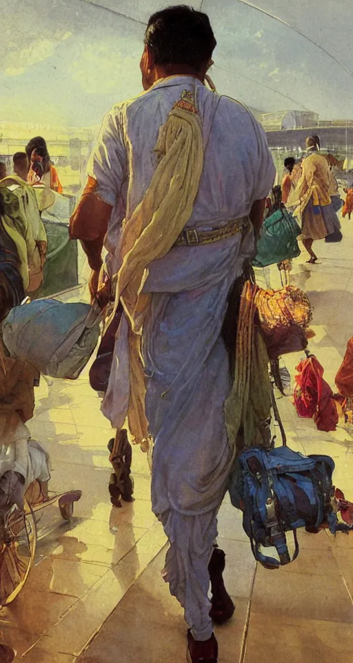 Prompt: close up of an Indian doctor disembarking from an airplane at Heathrow, sun shining, photo realistic illustration by greg rutkowski, thomas kindkade, alphonse mucha, loish, norman rockwell.