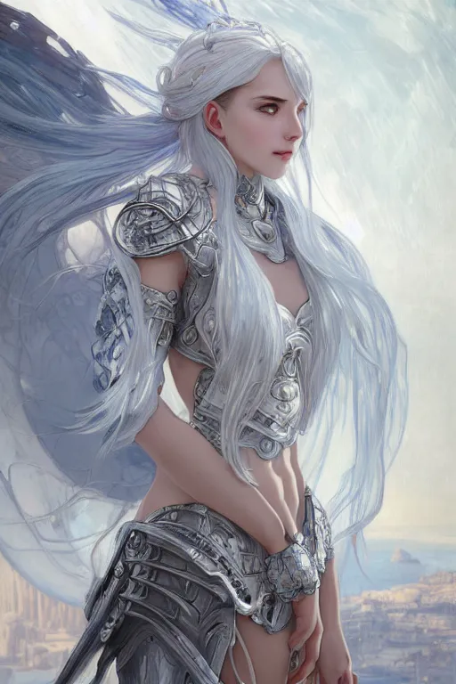 Image similar to portrait white hair knights of Zodiac girl, Sliver ice color reflected armor, in ruined Agora of Athens Sunrise, ssci-fi and fantasy, intricate and very very beautiful and elegant, highly detailed, digital painting, artstation, concept art, smooth and sharp focus, illustration, art by tian zi and WLOP and alphonse mucha