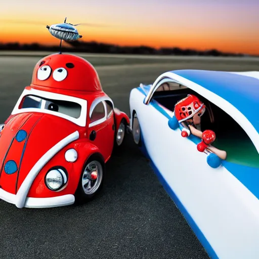 Image similar to close - up sports shot of a hybrid'herbie the love bug'race car and a real lady bug. it's a nice night at the drive - in diner. imax, 7 0 mm, movie still