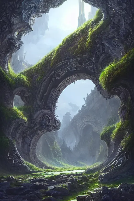 Prompt: massive ornate gateway set in a dreamy beautiful verdant fantasy landscape. The gateway leads to a frozen landscape which is visible through the gateway. Noah Bradley. Zaha Hadid. Digital art. Very detailed. Trending on artstation.