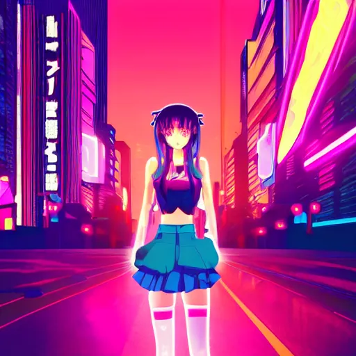 Image similar to anime girl in a synthwave city, center focus, neon tokyo, 4 k