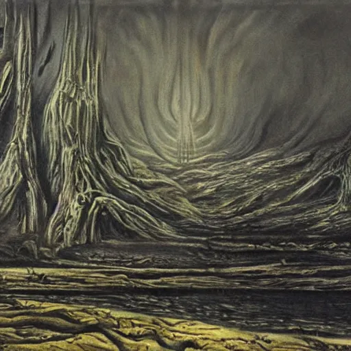 Prompt: painting of a landscape by h. r. giger | horror themed | creepy