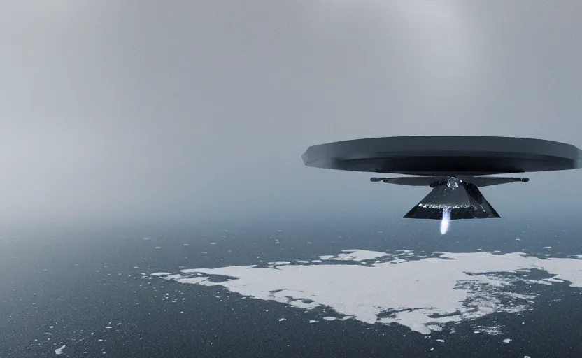 Prompt: a very symmetrical smooth metal spacecraft hovering over iceland, misty waterfall, sharp focus, octane render, 8k