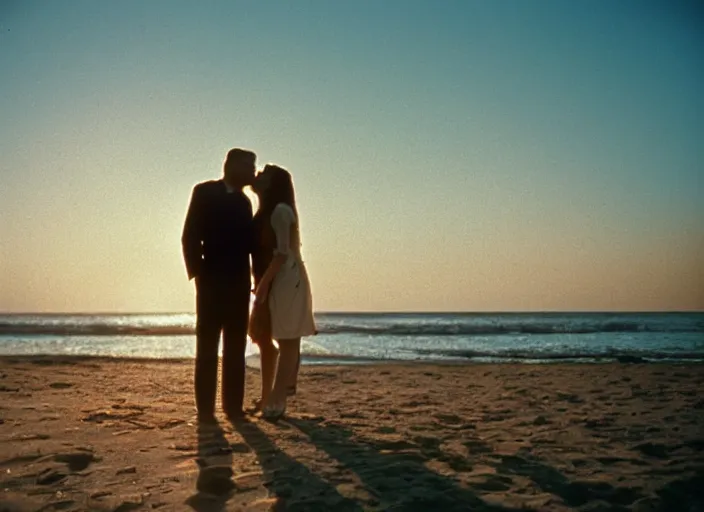 Prompt: A film photography of a couple kissing from movie Here to Eternity, laying on secluded beach. by William Egglestone. Cinematic. Golden Hour. Kodak Portra 400. Lens flare. 50mm lens