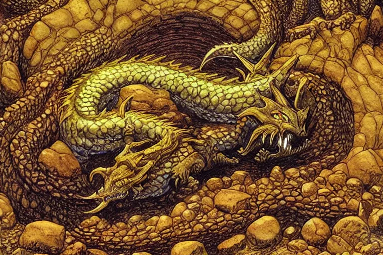 Prompt: dragon sleeping on gold and gems in a big cavern, by Larry Elmore, masterpiece, stunning