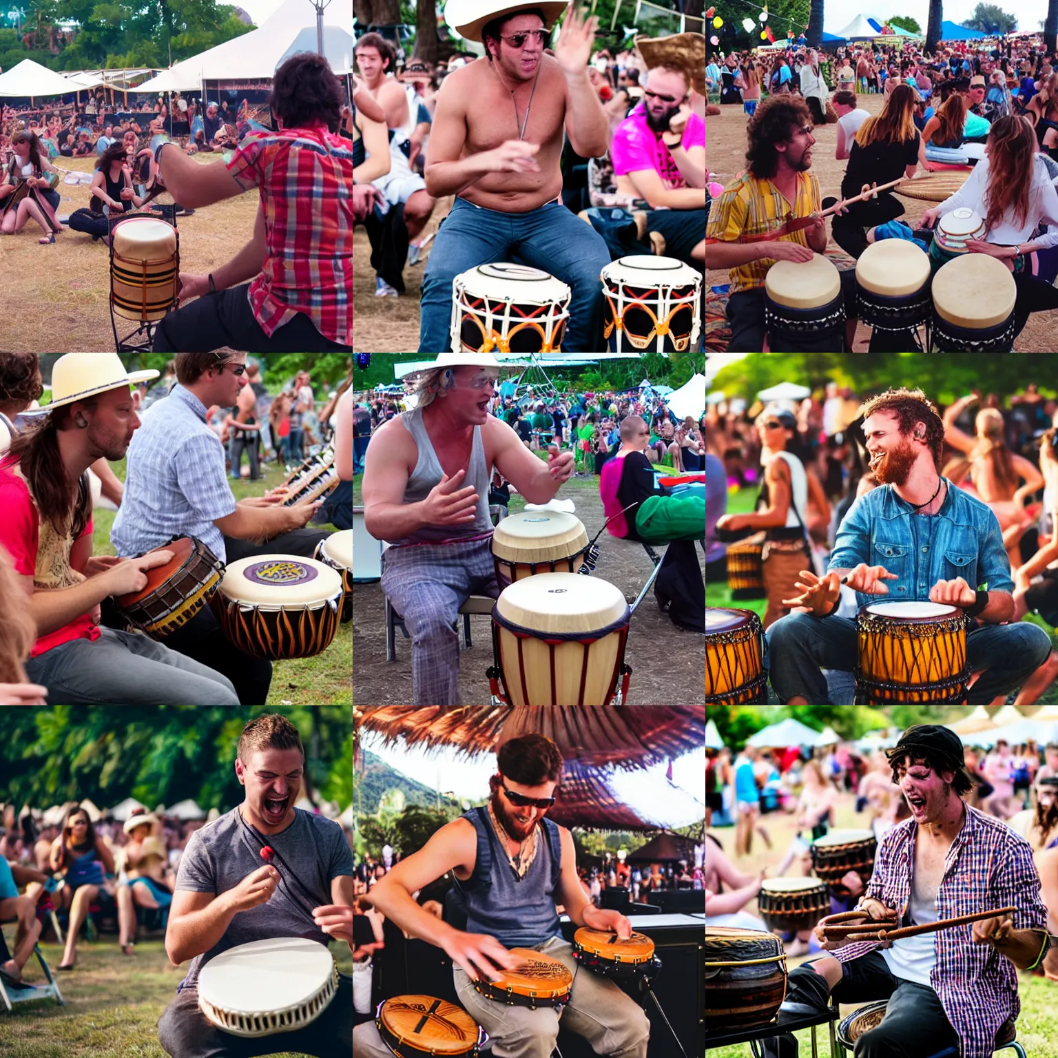 Prompt: annoying guy playing bongos at a music festival