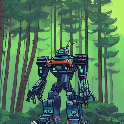 Prompt: mecha moving away from the spacecraft, green forest, smoke, smoth, in the graphic style of Patrick Gleason and Matt James, detailed art, trending on Artstation, sharp focus, Beautiful comic art