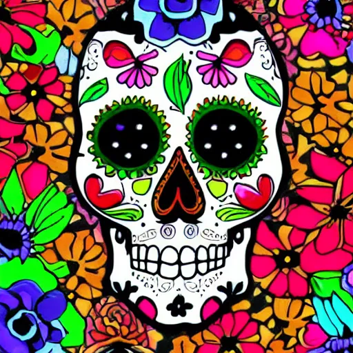 Image similar to a catrina skull covered in flowers, colorful illustration