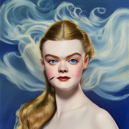 Image similar to professional painting of Elle Fanning in the style of Rolf Armstrong, head and shoulders portrait, symmetrical facial features, smooth, sharp focus, illustration, intricate, stormy weather, extremely detailed masterpiece,