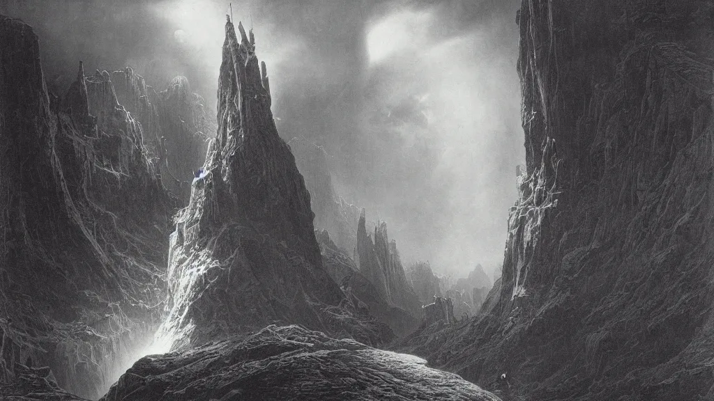 Prompt: falling into a bottomless pit by gustave dore and bruce pennington, cinematic matte painting