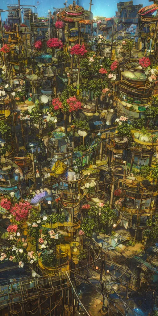 Prompt: technologic city with flowers on a steampunk land by borderlands, smooth, cinematic, wet reflections, ray tracing x, rtx, smooth