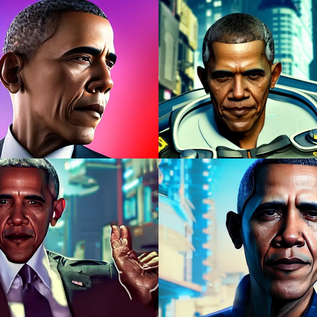 Prompt: beautiful close-up of Obama staring towards camera with googly eyes, while sitting on streets of Cyberpunk 2077