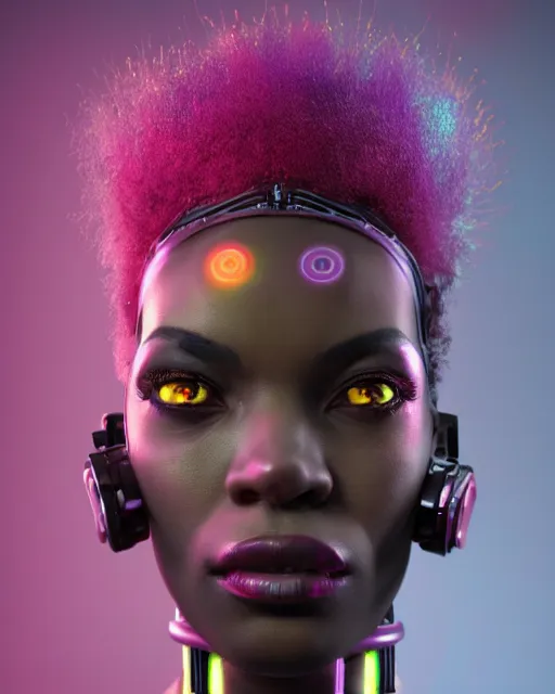 Image similar to portrait of a beautiful black woman with pink hair as a cyberpunk cyborg half robot, revealing wires and electronics, hooked - up, sci - fi, missing panels, intricate abstract upper body intricate artwork, concept art, octane render, deviantart, cinematic, key art, hyperrealism, iridescent accents, portrait photograph, nikon 3 5 mm, photograph by greg rutkowski