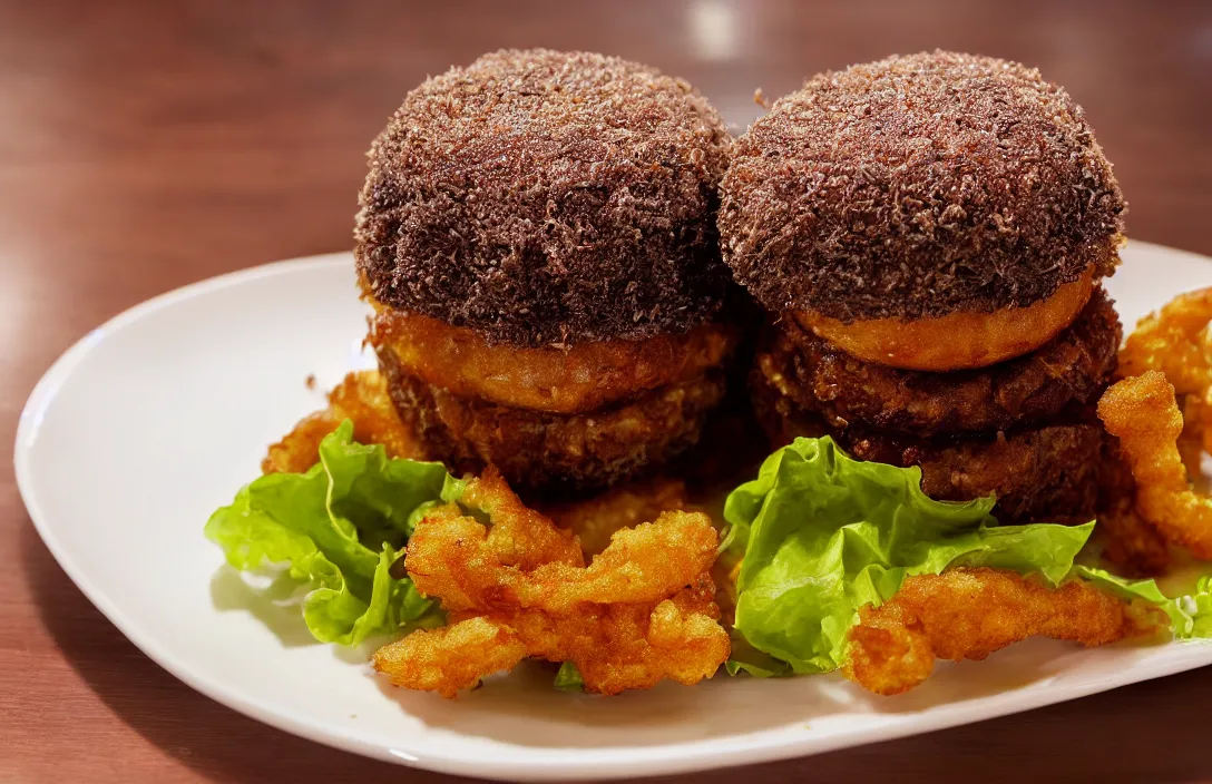 Image similar to deep fried Hamburger, food photography, award winning, Michelin restaurant