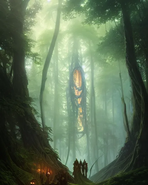 Image similar to forest of enormous trees surrounding a magical pod, deep focus, d & d, fantasy, intricate, elegant, highly detailed, digital painting, artstation, concept art, matte, sharp focus, illustration, hearthstone, art by greg rutkowski and alphonse mucha and andreas rocha