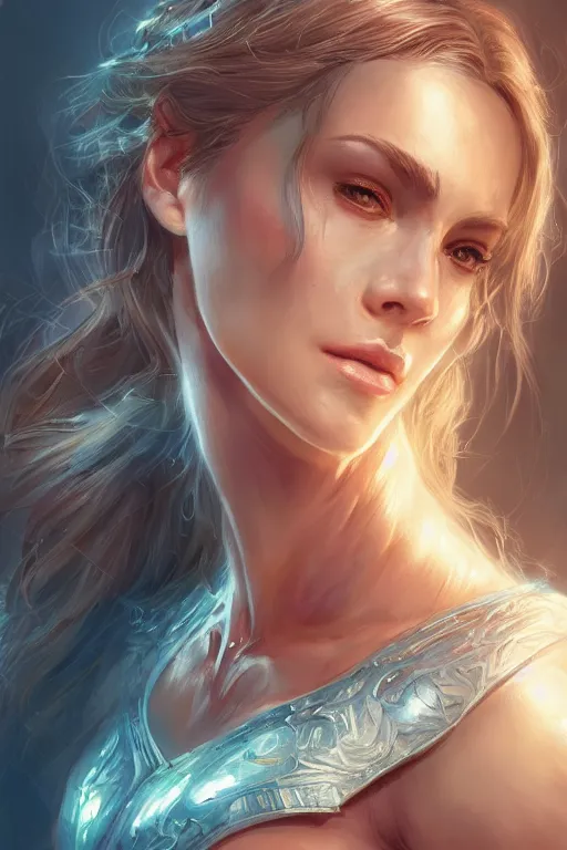 Image similar to three-quarters portrait pose of a beautiful woman, strong body,super heroine costume, human super powers, fantasy, intricate, elegant, highly detailed, digital painting, artstation, concept art,shining, sharp focus,D&D, illustration, art by Stanley Lau