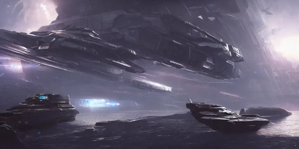 Image similar to cyberpunk cargo ship strongly resembling industrial spaceship design concept art in space, by david levy, eve online, elite dangerous, artstation, concept art, matte painting, highly detailed, rule of thirds, dynamic lighting, cinematic, detailed, magnificiant landscape, denoised