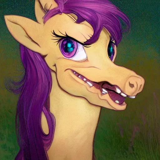 Prompt: portrait of a menacing beautiful Applejack, short muzzle, top half of body, My Little Pony, by Stanley Artgerm Lau , greg rutkowski, thomas kindkade, alphonse mucha, loish, norman rockwell, J. C. Leyendecker. bright purple mane, purple fur, angry complexion, beautiful detailed eyes, black rose frame. D&D, fantasy. Trending on artstation rule of thirds extremely detailed old illustration hd 4k