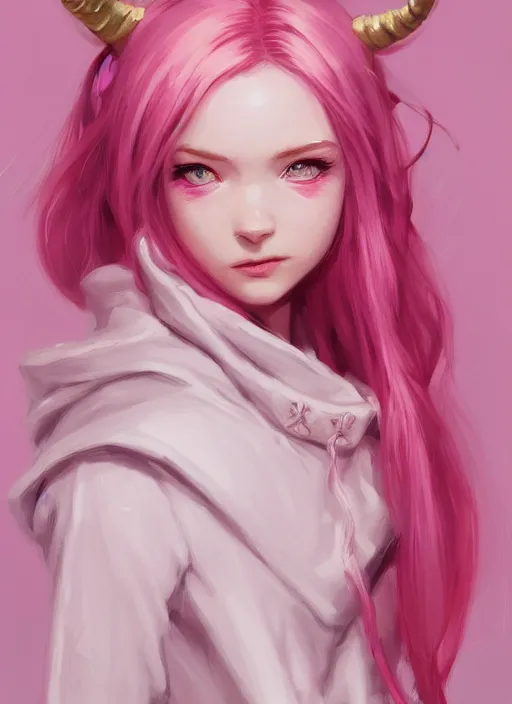Prompt: a highly detailed illustration of cute smug pink haired pale girl with horns wearing oversized pink hoodie, dramatic smirk pose, intricate, elegant, highly detailed, centered, digital painting, artstation, concept art, smooth, sharp focus, league of legends concept art, wlop.