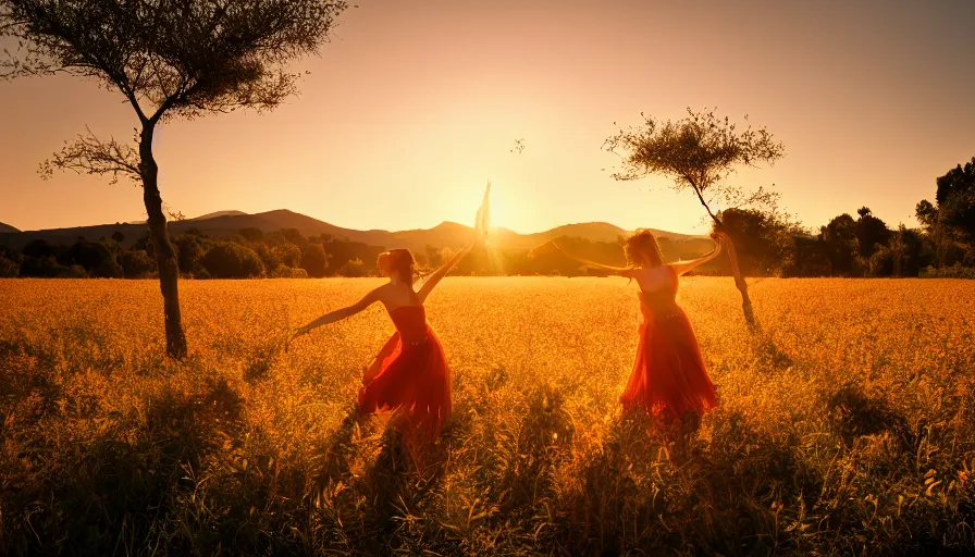 Prompt: dancing in a field of ripe peach trees, photo, cinematic lighting, cinematic still, golden hour