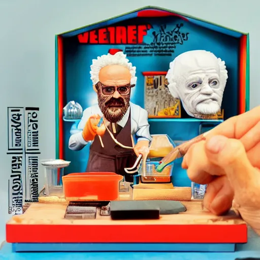 Prompt: werner karl heisenberg cooking crystal meth, play centre, stop motion vinyl action figure, plastic, toy, butcher billy style