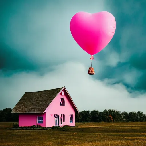 Image similar to a 5 0 mm lens photograph of a cute pink floating modern house, floating in the air between clouds, inspired by the movie up, held up from above by a heart - shaped ballon. mist, playful composition canon, nikon, award winning, photo of the year