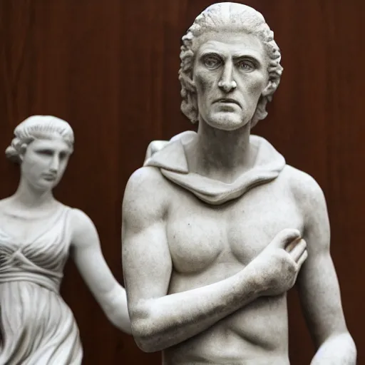 Image similar to Courtroom photograph of a marble statue angry with his attorney